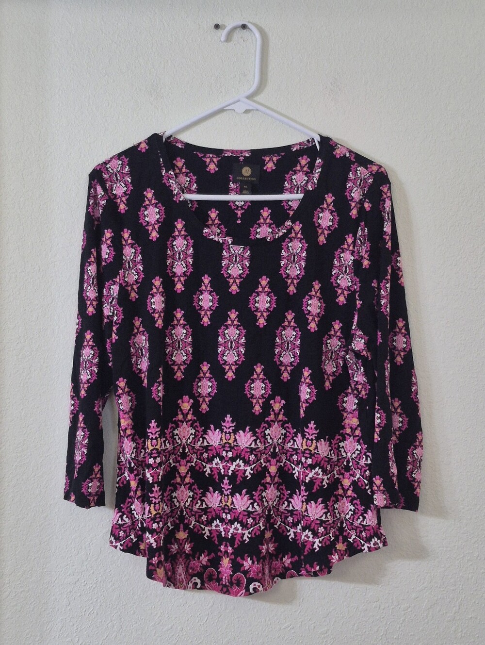 JM Collection Black Long Sleeve Top with Pink Floral Medallion Print